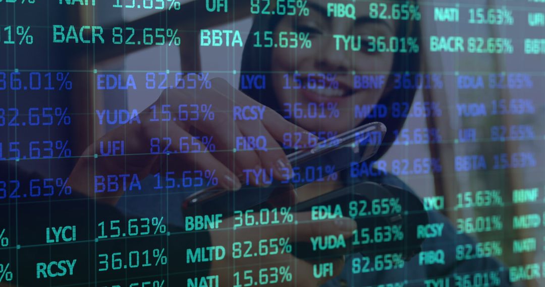 Woman Using Payment Terminal Overlaid with Digital Finance Data
