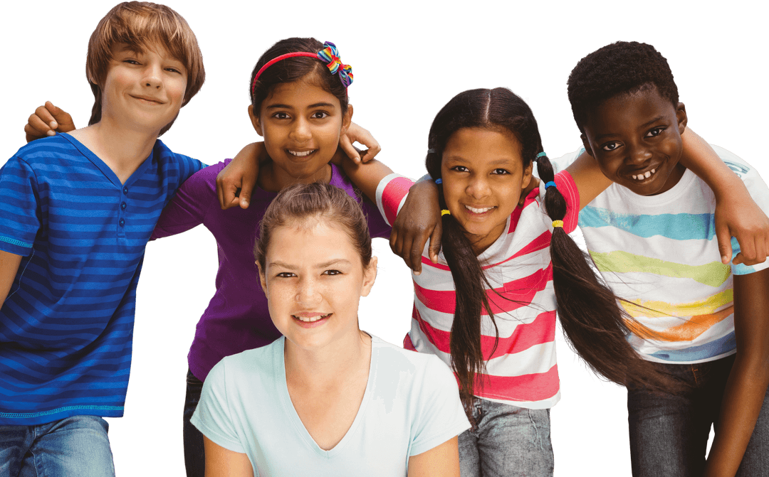 Happy Diverse Children Forming Huddle Over Transparent Background