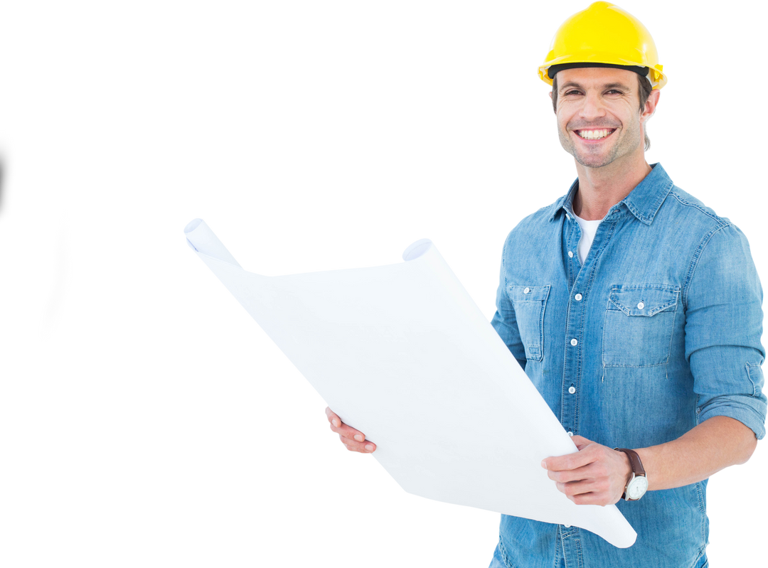 Smiling Male Architect Holding Open Blueprint, Wearing Hard Hat while isolated On Transparent Backgr - Download Free Stock Images Pikwizard.com