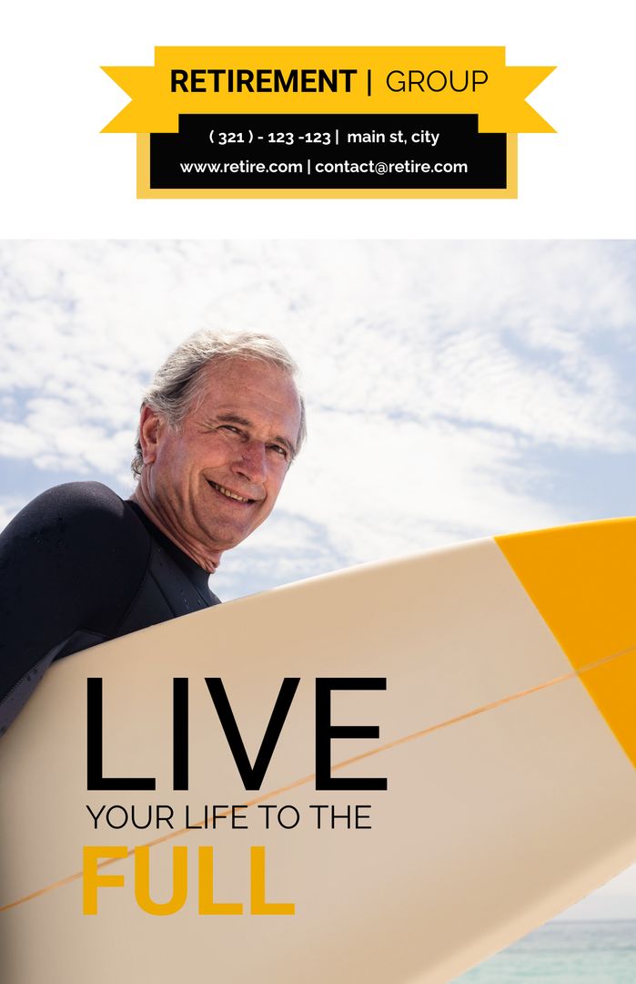 Senior Man Holding Surfboard Promotes Active Retirement Lifestyle - Download Free Stock Templates Pikwizard.com