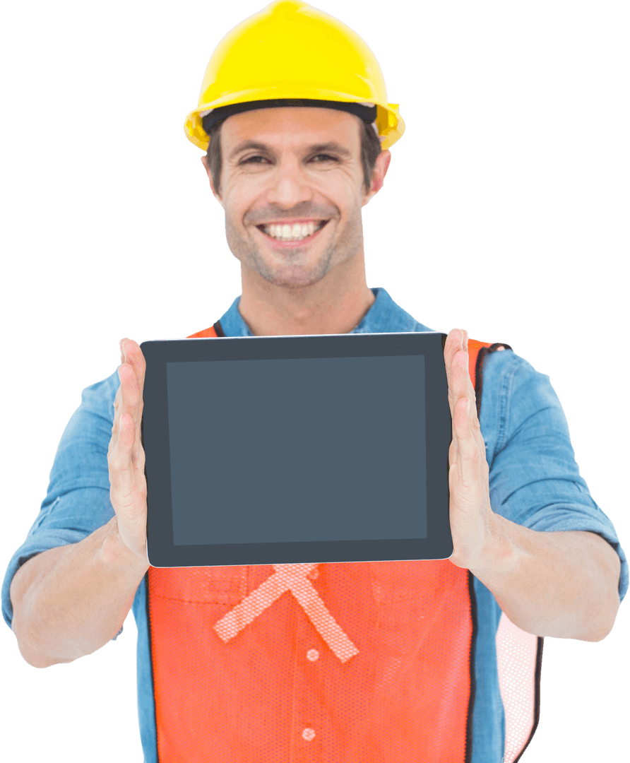 Construction Worker Holding Tablet with Transparent Background