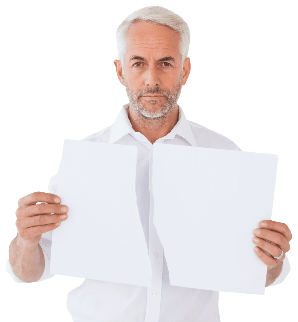 Serious Man Holding Torn Sheet of Paper on Transparent Background