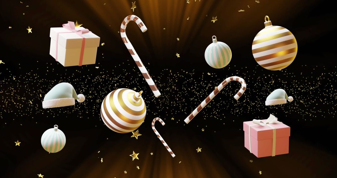 Floating Candy Canes and Baubles on Starry Background