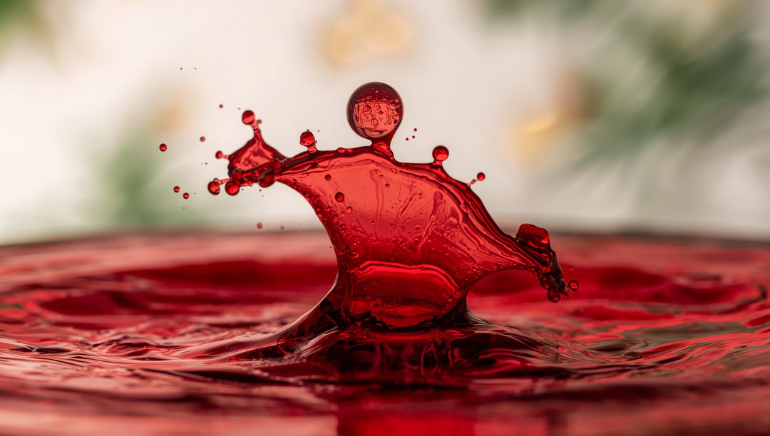 Forming red liquid splash crown with secondary droplet and satellite drops over ripples