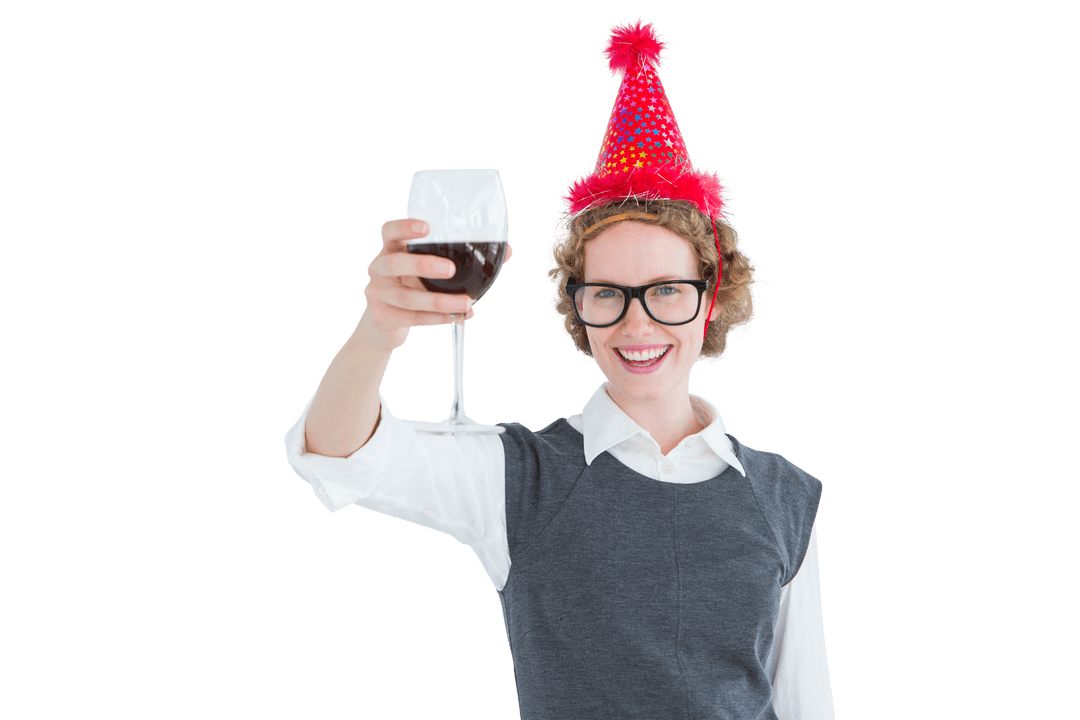 Happy Woman Toasting with Red Wine in Party Hat on Transparent Background