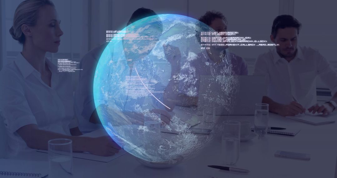 Futuristic Business Strategy Meeting with Holographic Globe