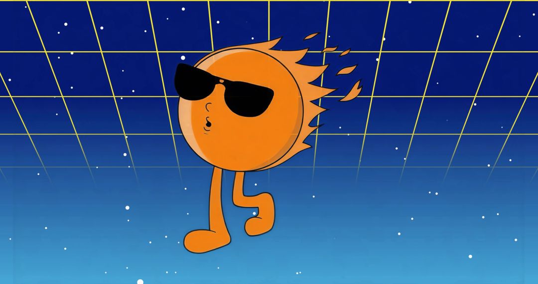 Walking sun character wearing black sunglasses with flaming rays on retro cosmic grid