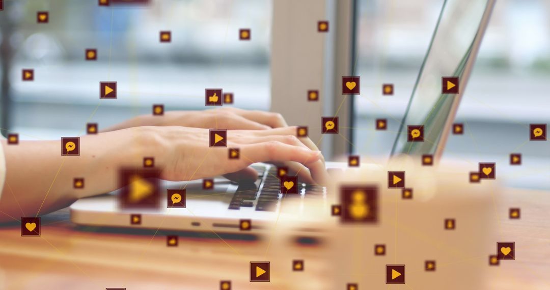 Hands Typing on Laptop with Abstract Network Overlay