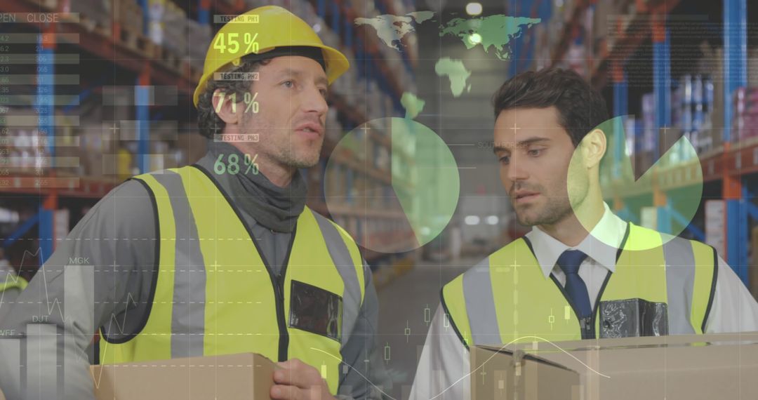 Digital Data Overlay on Warehouse Workers Discussing Operations