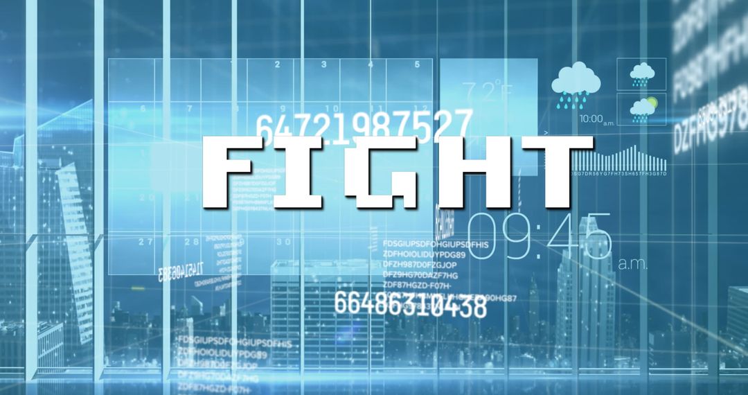 Fight Text Overlay on Digital Data and Cityscape Visualization