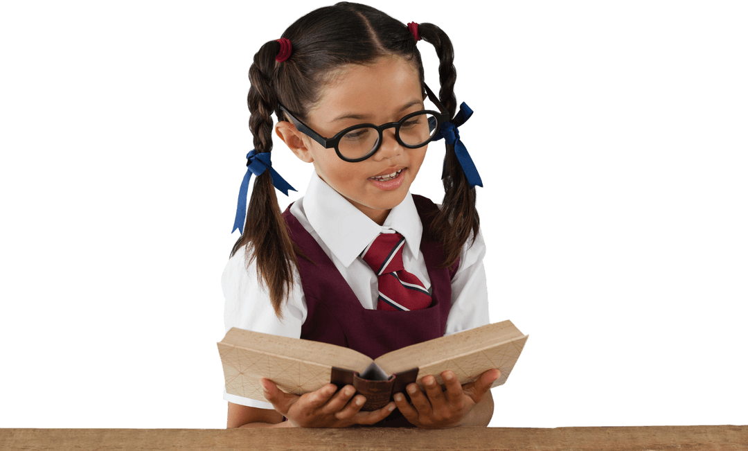 Smiling Schoolgirl Reads Book on Transparent Background