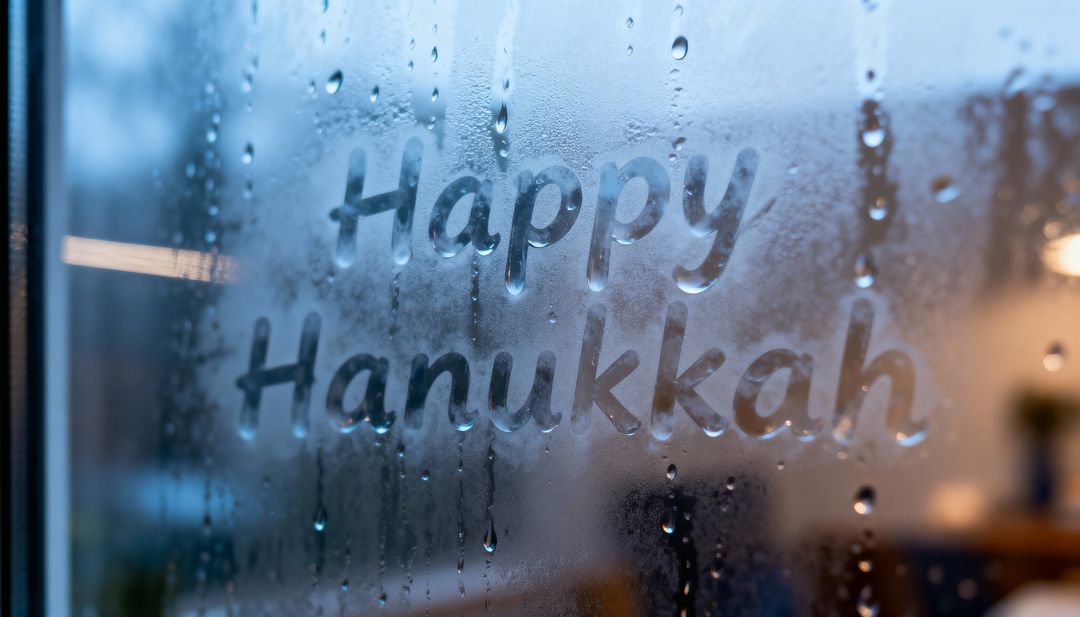 Hand-Drawn Happy Hanukkah on Fogged Window with Raindrops and Warm Bokeh Glow