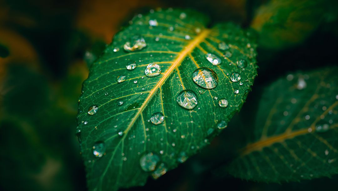 Macro View of Glistening Leaf with Water Droplets