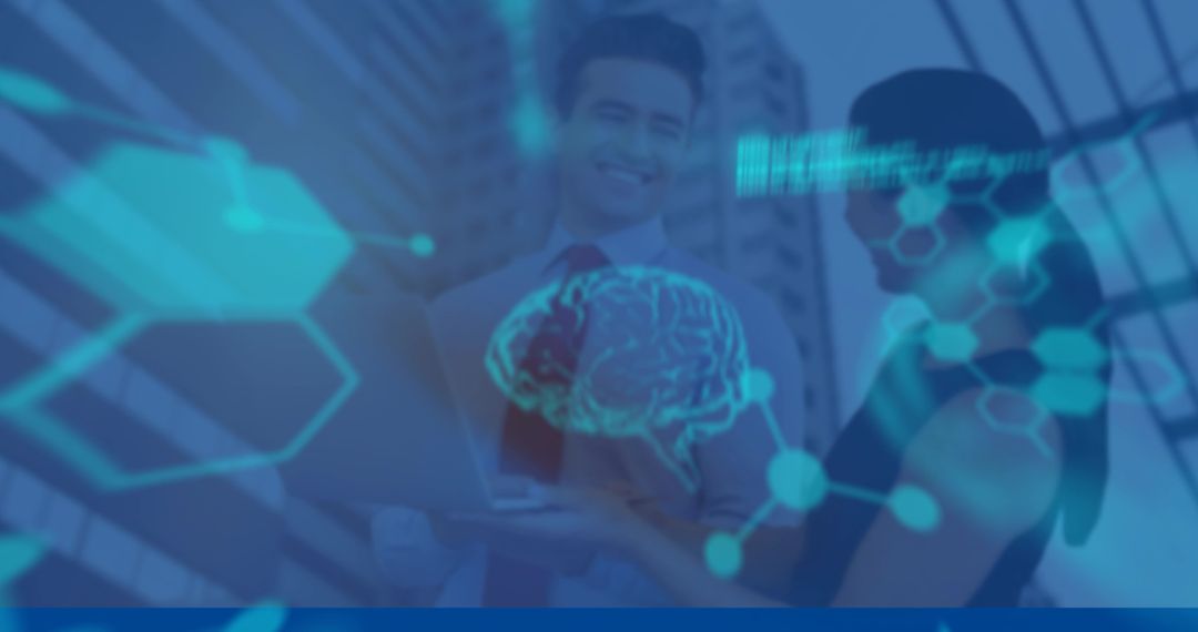 Business colleagues discussing AI brain network on laptop outside glass office tower