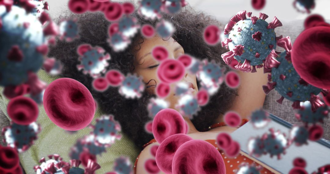 Woman Relaxing with Artistic Visuals of Viruses