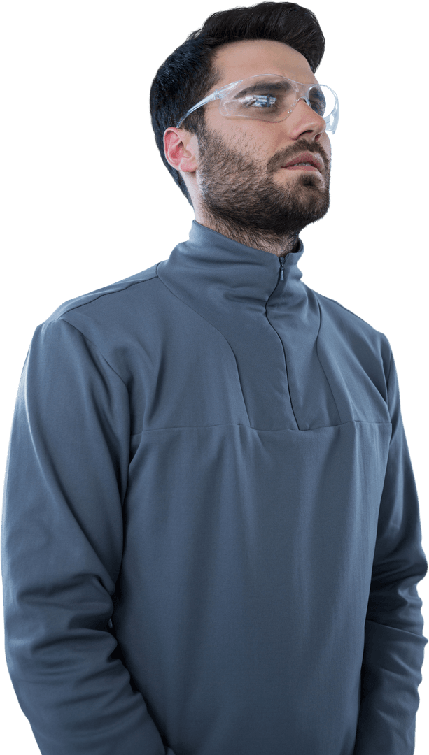 Transparent Background Man Wearing Safety Glasses and Grey Zipper Pullover