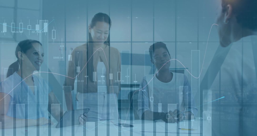 Diverse Team Meeting Analyzing Financial Data with Tech Overlay