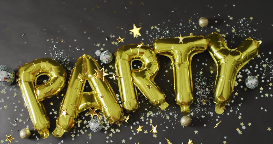 Gold Party Balloons with Confetti on Black Background