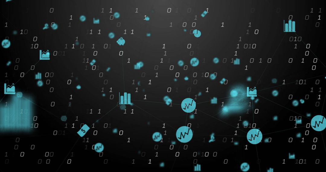 Digital interface with data network symbols on binary background