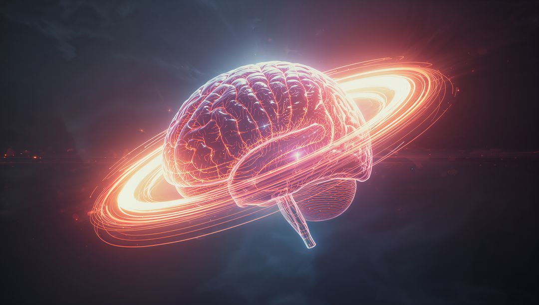 Futuristic Holographic Brain with Neon Orbital Rings in Cosmic Space