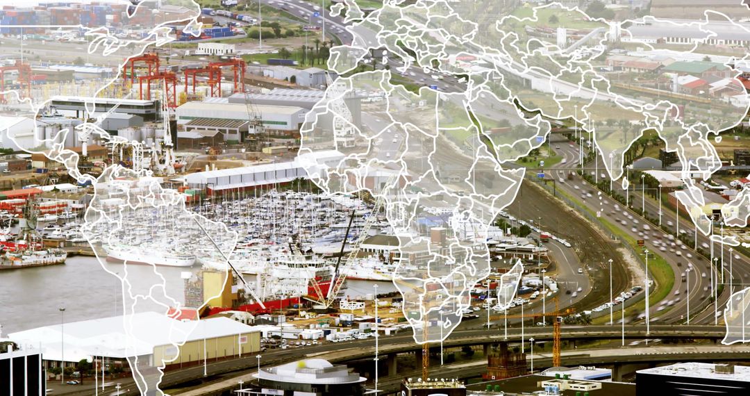 Global Trade Concept with Industrial Port and World Map Overlay