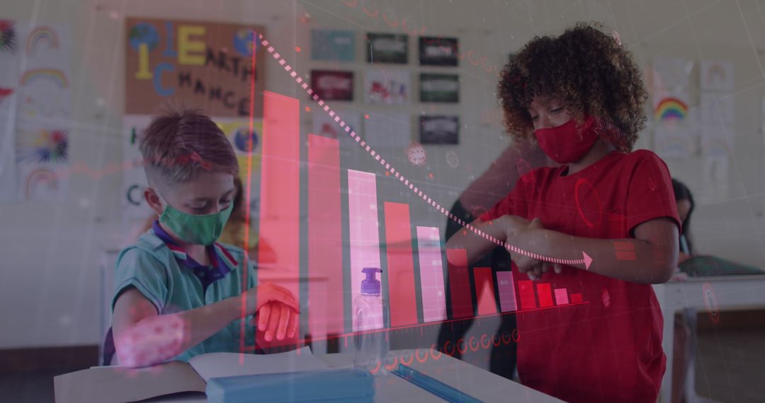 Masked Students in Classroom with Digital Graph Overlay