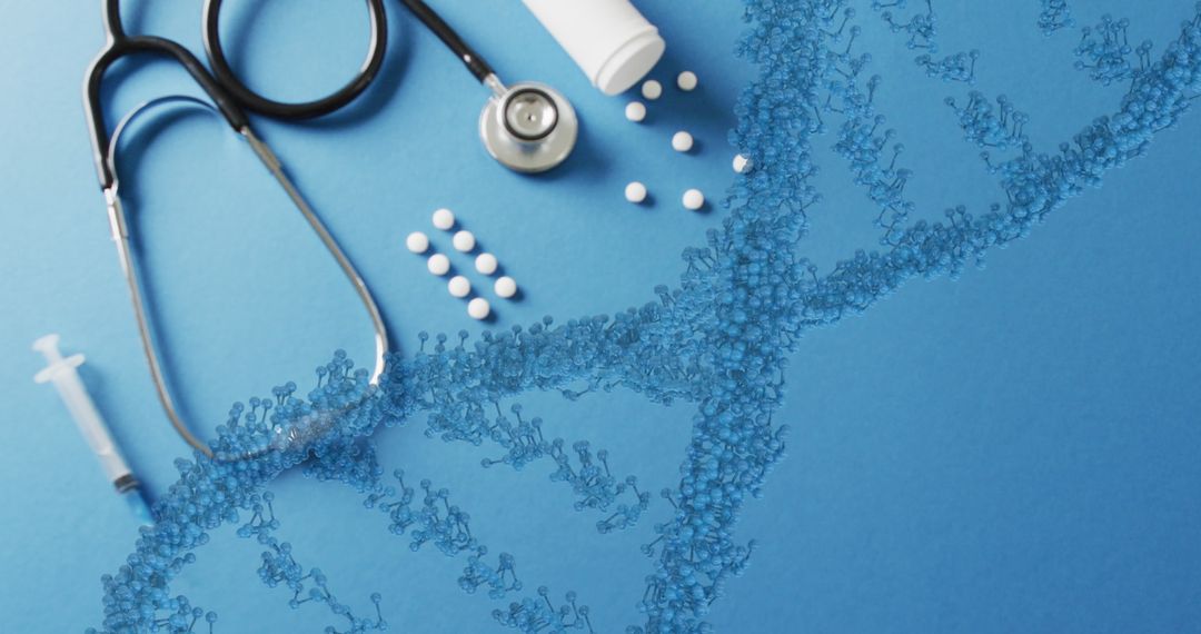 DNA Strand Overlay with Medical Tools on Blue