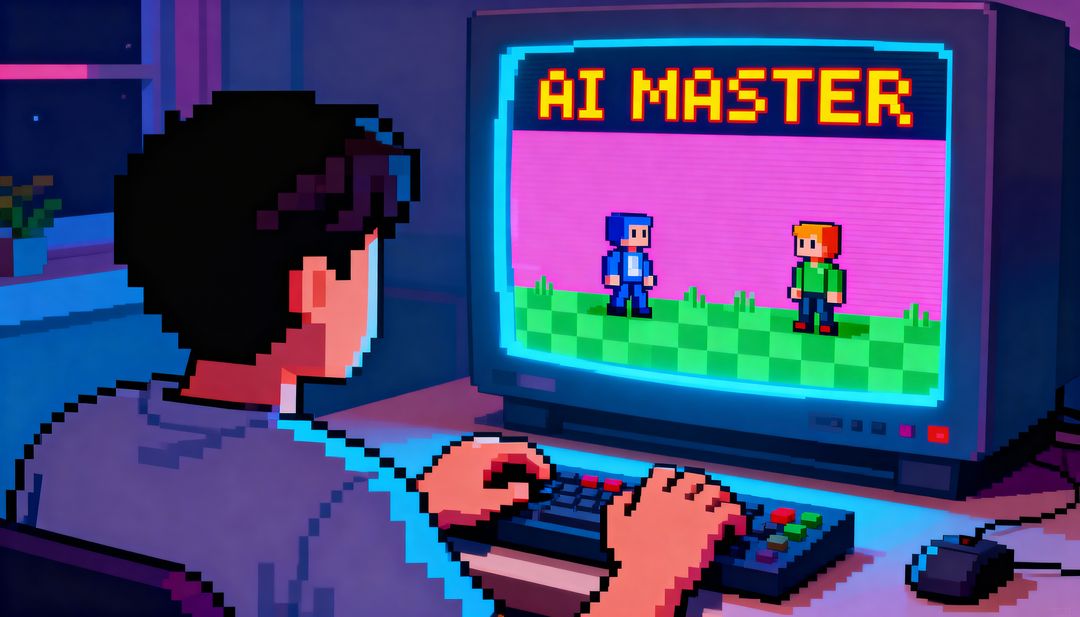 Retro pixel art gamer playing AI Master on CRT monitor with neon ambient lighting