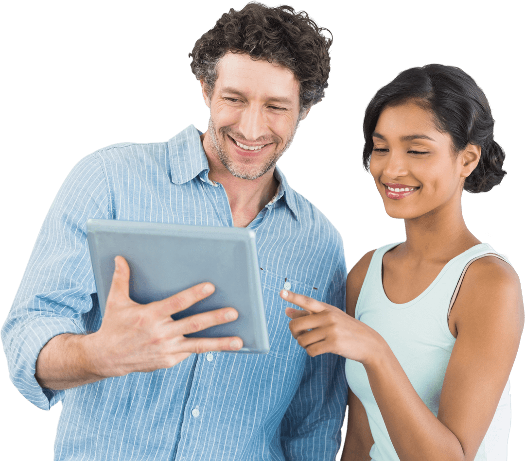 Smiling Diverse Team Engaging with Transparent Tablet Technology