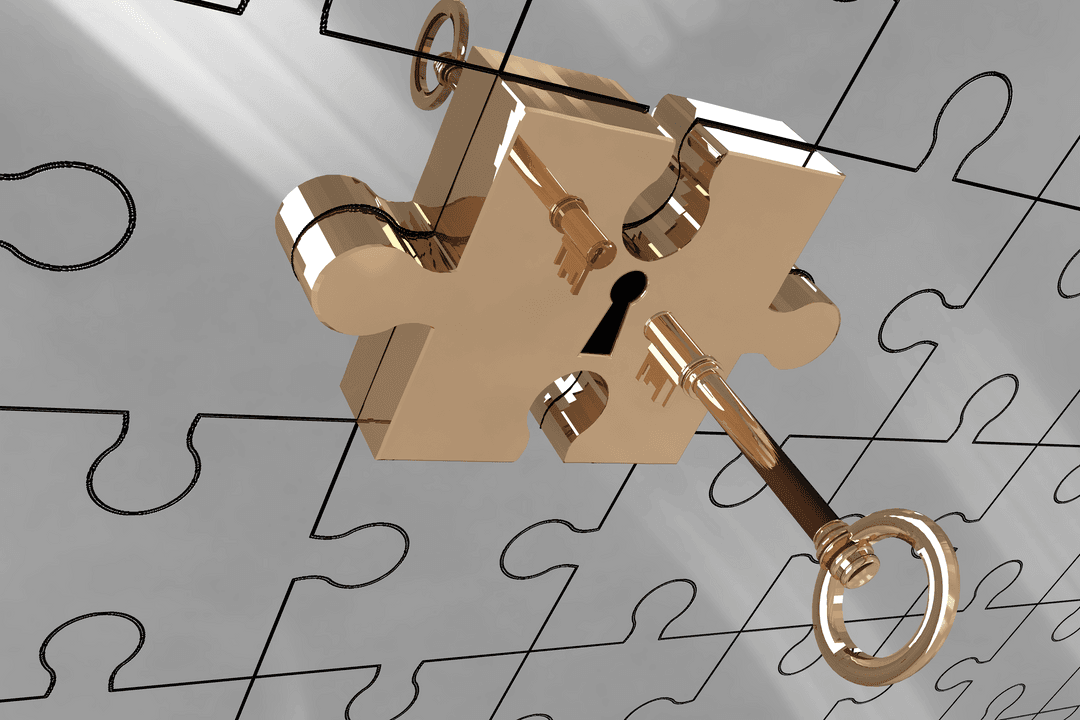 Transparent Puzzle Piece with Keyhole and Gold Key on Imported Background