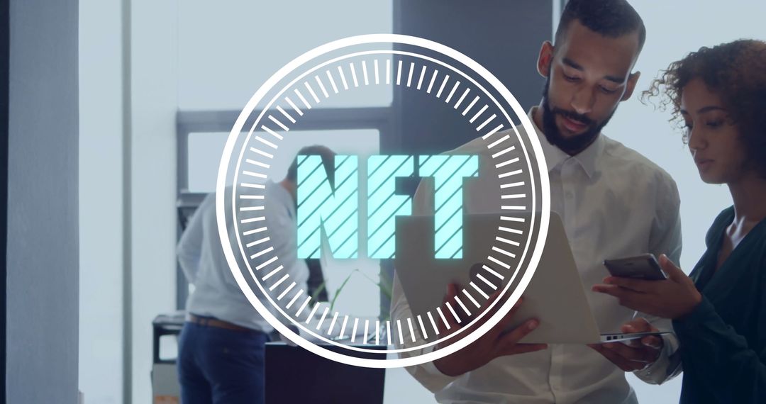 Collaborative Project Discussion in Modern Office with NFT Concept