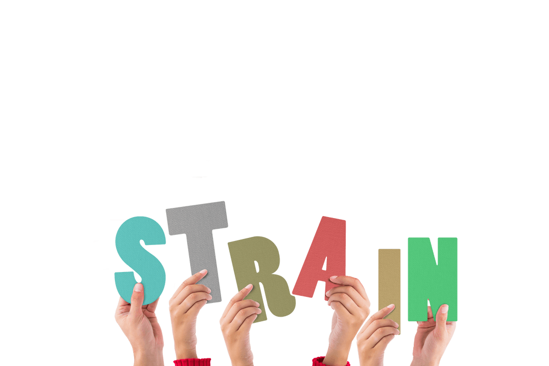 Hands Holding Strain Letters on Transparent Background