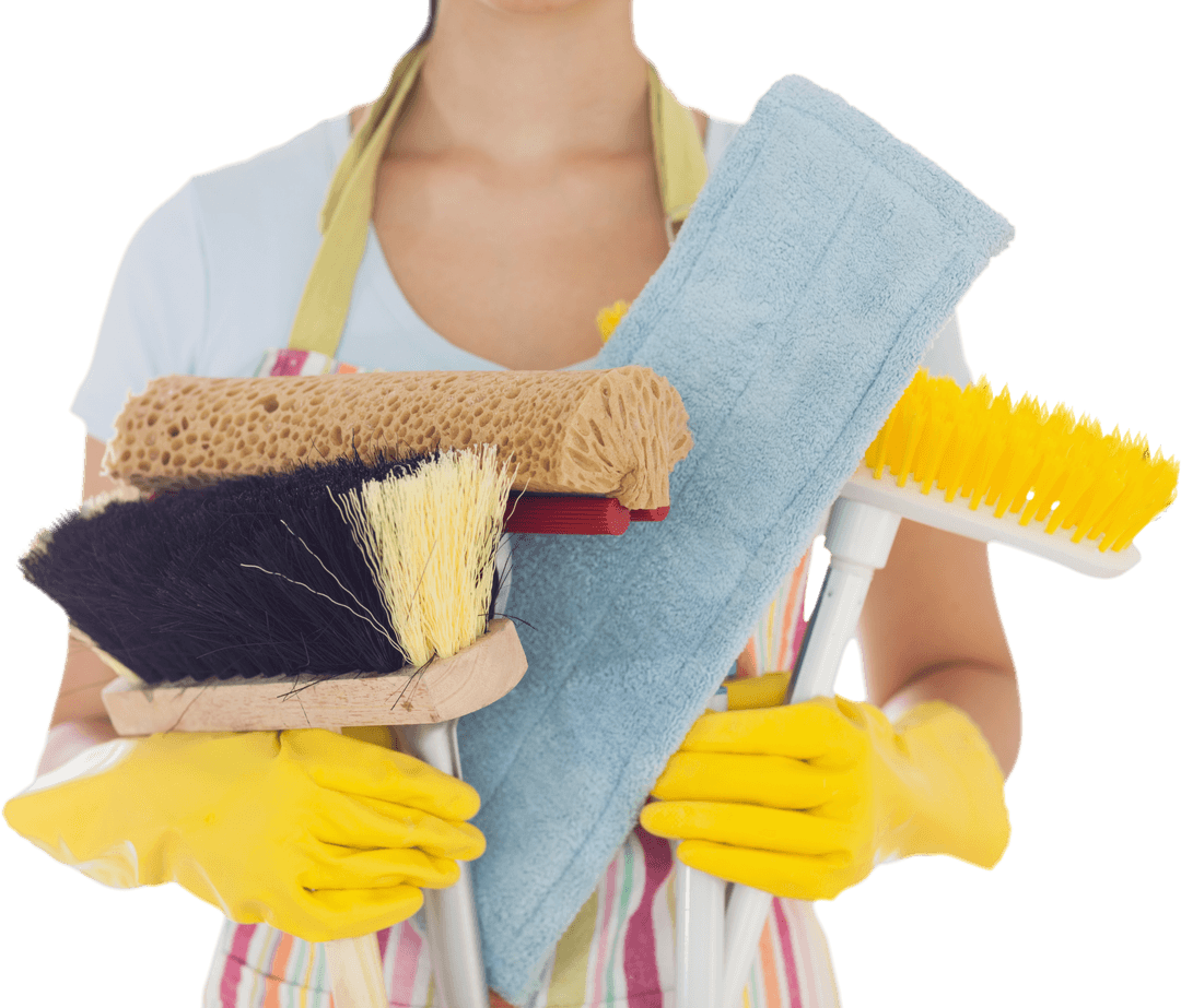 Transparent Cleaning Tools Holding by Woman in Apron
