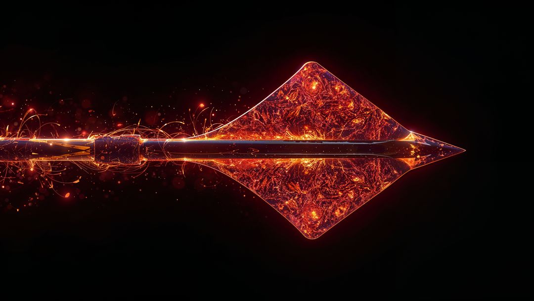 Cybernetic Flaming Spear Tip with Glowing Embers in Dark Space