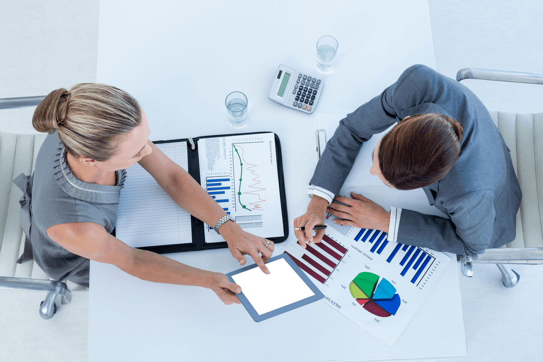 Transparent Businesswomen Analyzing Financial Data Reports