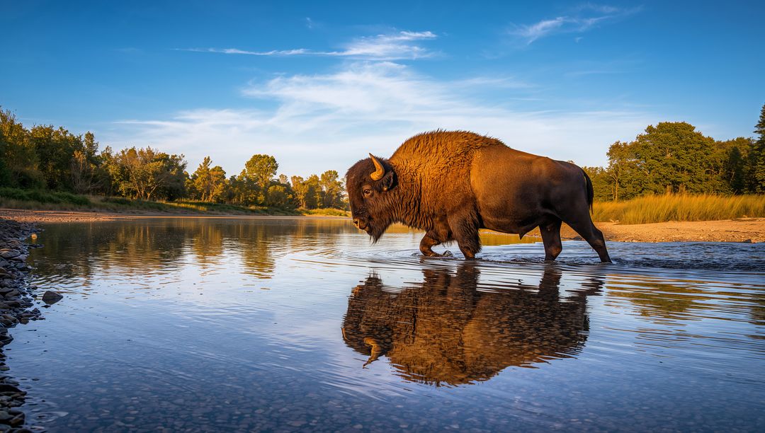 Solitary American Bison Wading Through Shallow River at Golden Hour with Clear Reflection