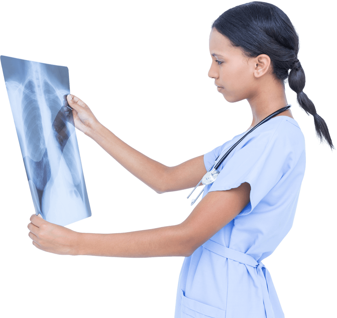 Female Surgeon Evaluating Chest X-ray Transparent