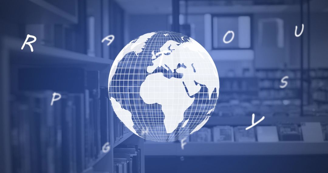 Globe with Letters Floating in Peaceful Library Setting
