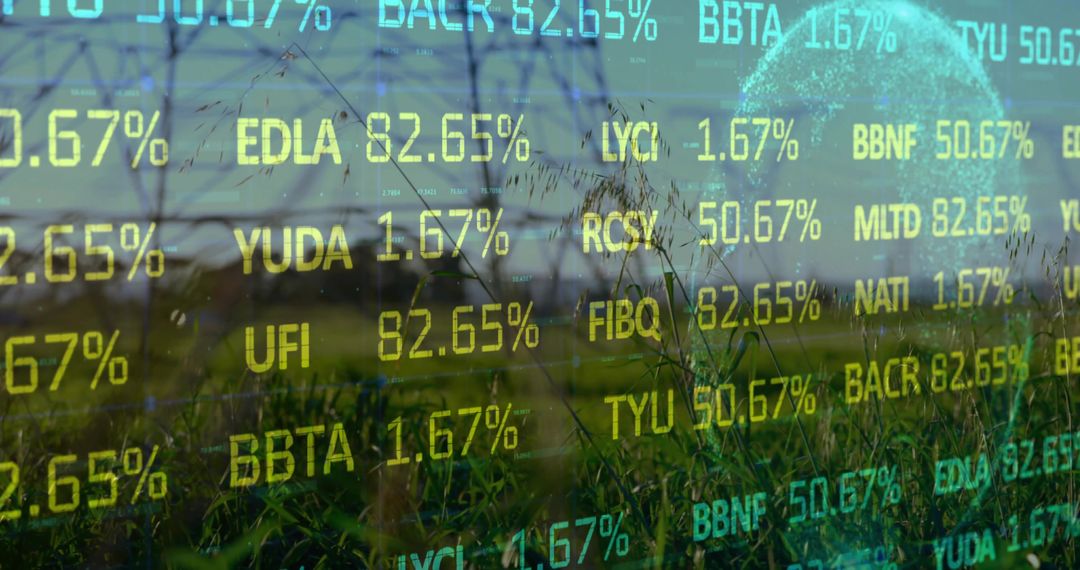 Futuristic Overlay of Stock Data on Eco-Friendly Landscape