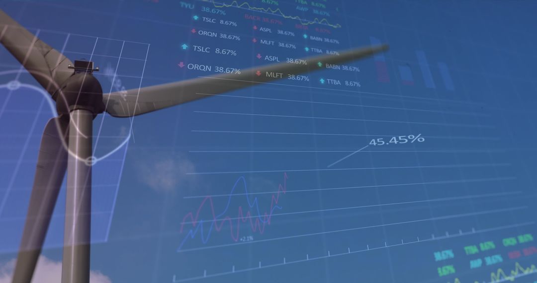 Wind Turbine with Financial Graphs Showcasing Renewable Energy Trends