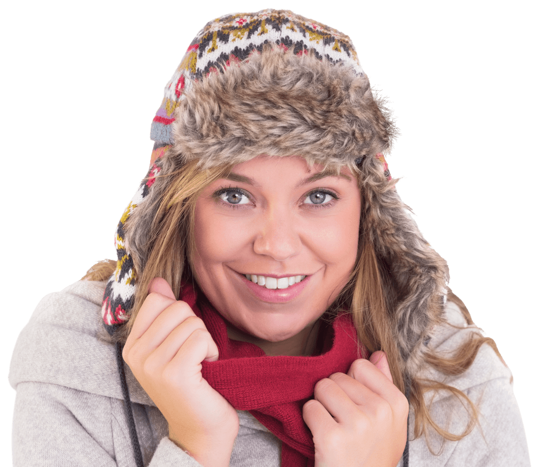 Joyful Blond Woman in Cozy Winter Attire with Transparent Background