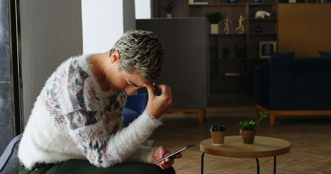 Woman Reflecting Thoughtfully While Holding Smartphone in Cozy Modern Office - Free Images, Stock Photos and Pictures on Pikwizard.com