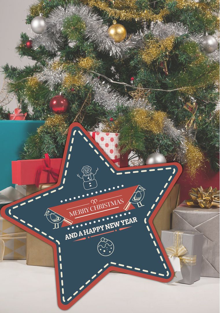 Festive Christmas Tree with Decorated Gifts and Greeting Card