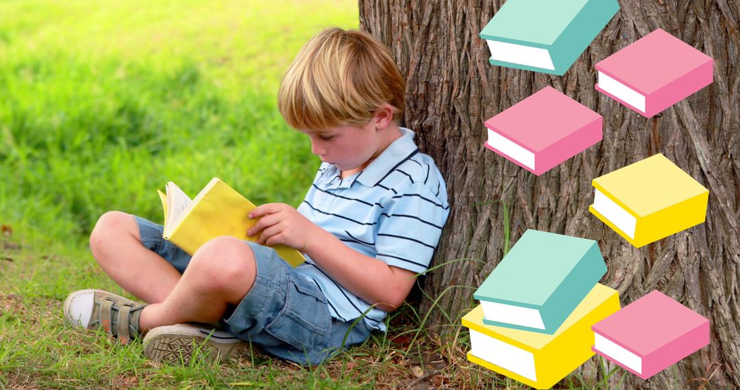 Young Boy Sitting Under Tree Reading Book on a Sunny Day - Free Images, Stock Photos and Pictures on Pikwizard.com