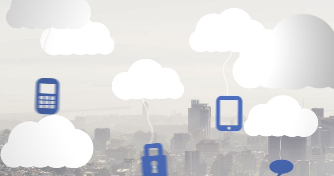 Digital Cloud Icons Overlaying Cityscape Highlighting Connectivity