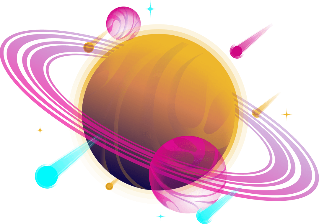 Glowing Ringed Planet with Moons and Comets on Transparent Backdrop