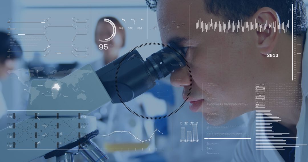 Researcher Analyzing Data Through Microscope with Digital Interface - Free Images, Stock Photos and Pictures on Pikwizard.com