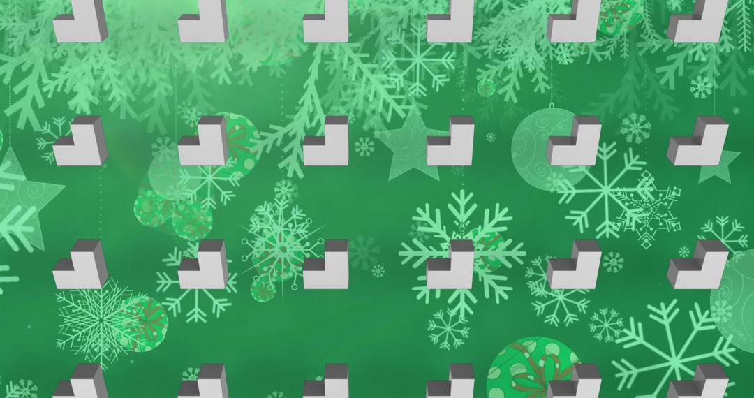 Festive Pattern with 3D Shapes and Snowflakes on Green