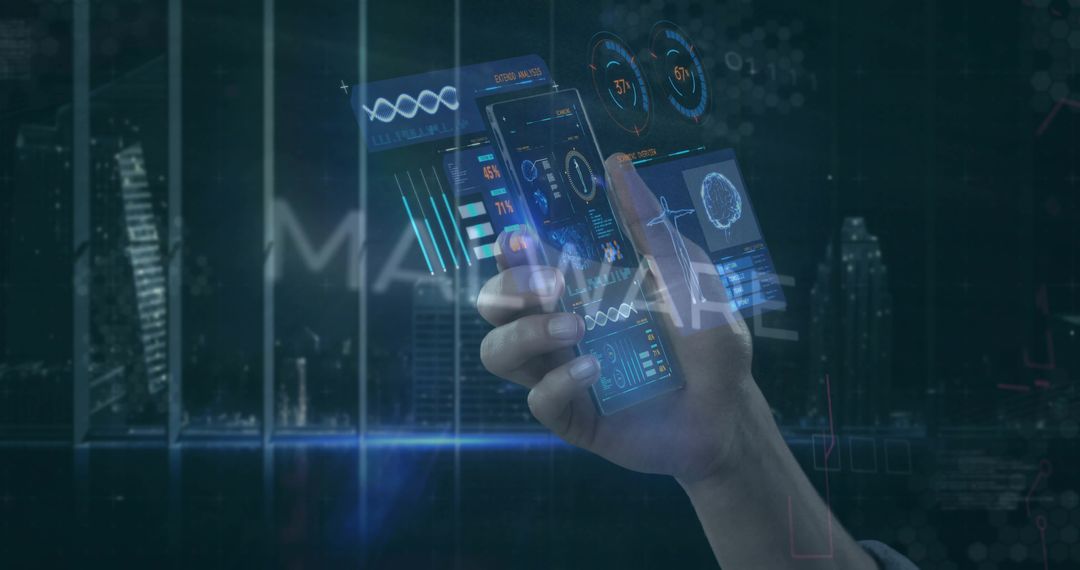 Gripping Hand Manipulating Transparent Holographic Smartphone UI with Futuristic City