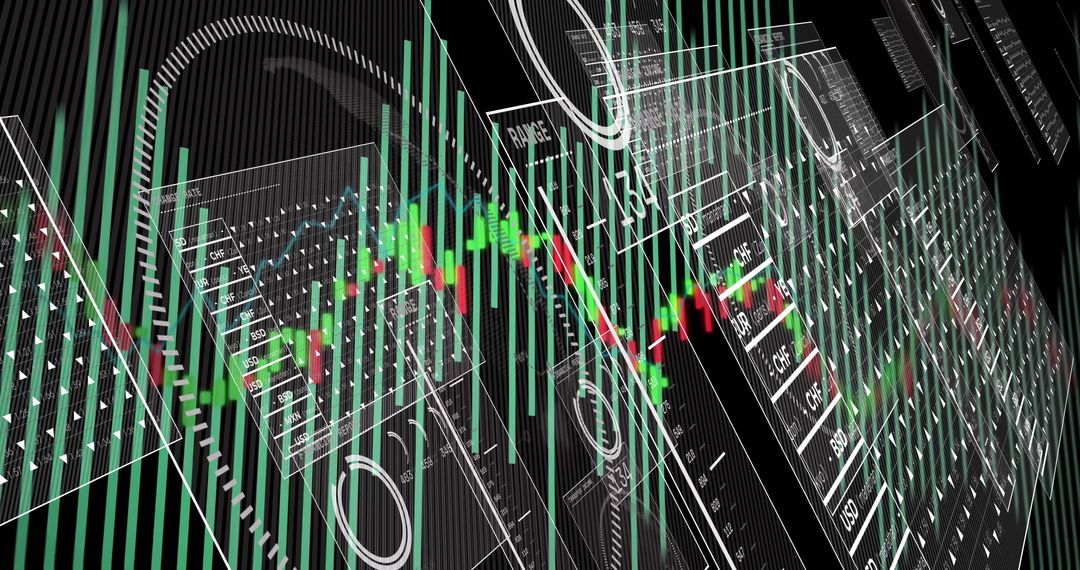 Futuristic Digital Dashboard with Candlestick Graphs and Data Panels